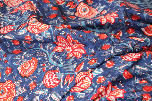 Ink Blue with orange red floral hand block printed cotton fabric by the yard