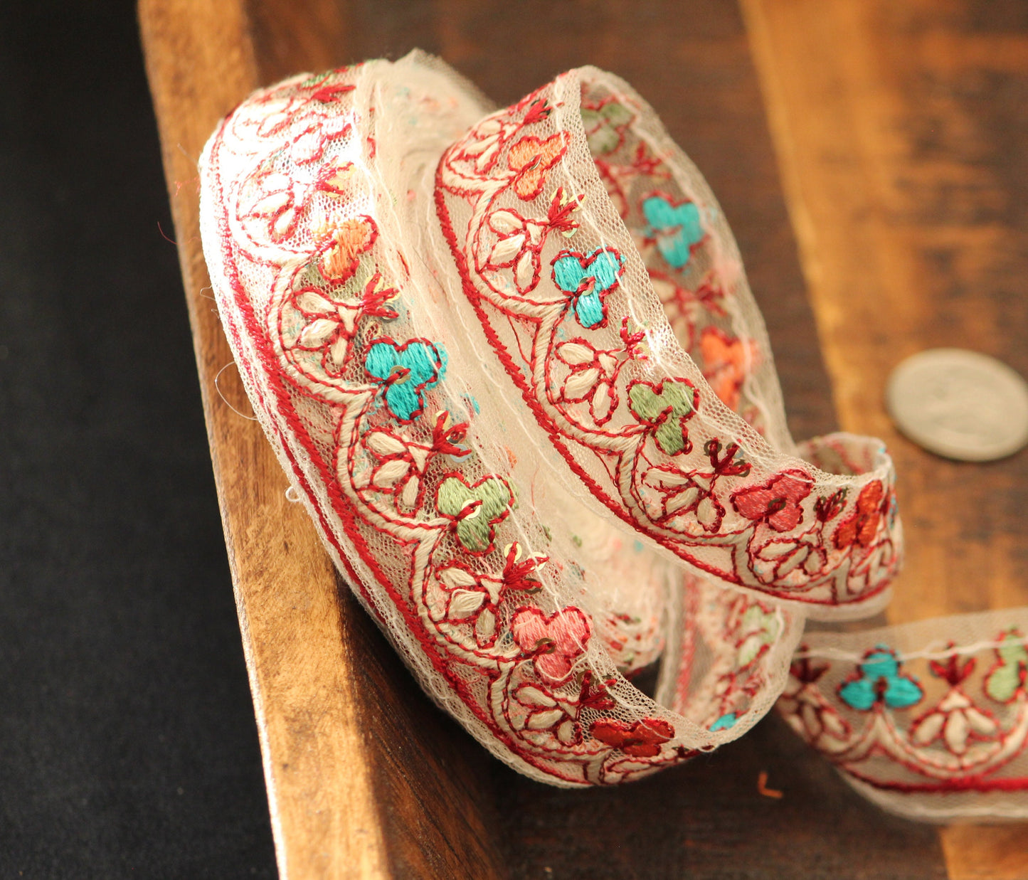 Ribbon by the yard-colorful floral ribbon with Indian embroidery-red pink orange aqua embroidery on mesh- gift wrap- wedding ribbon