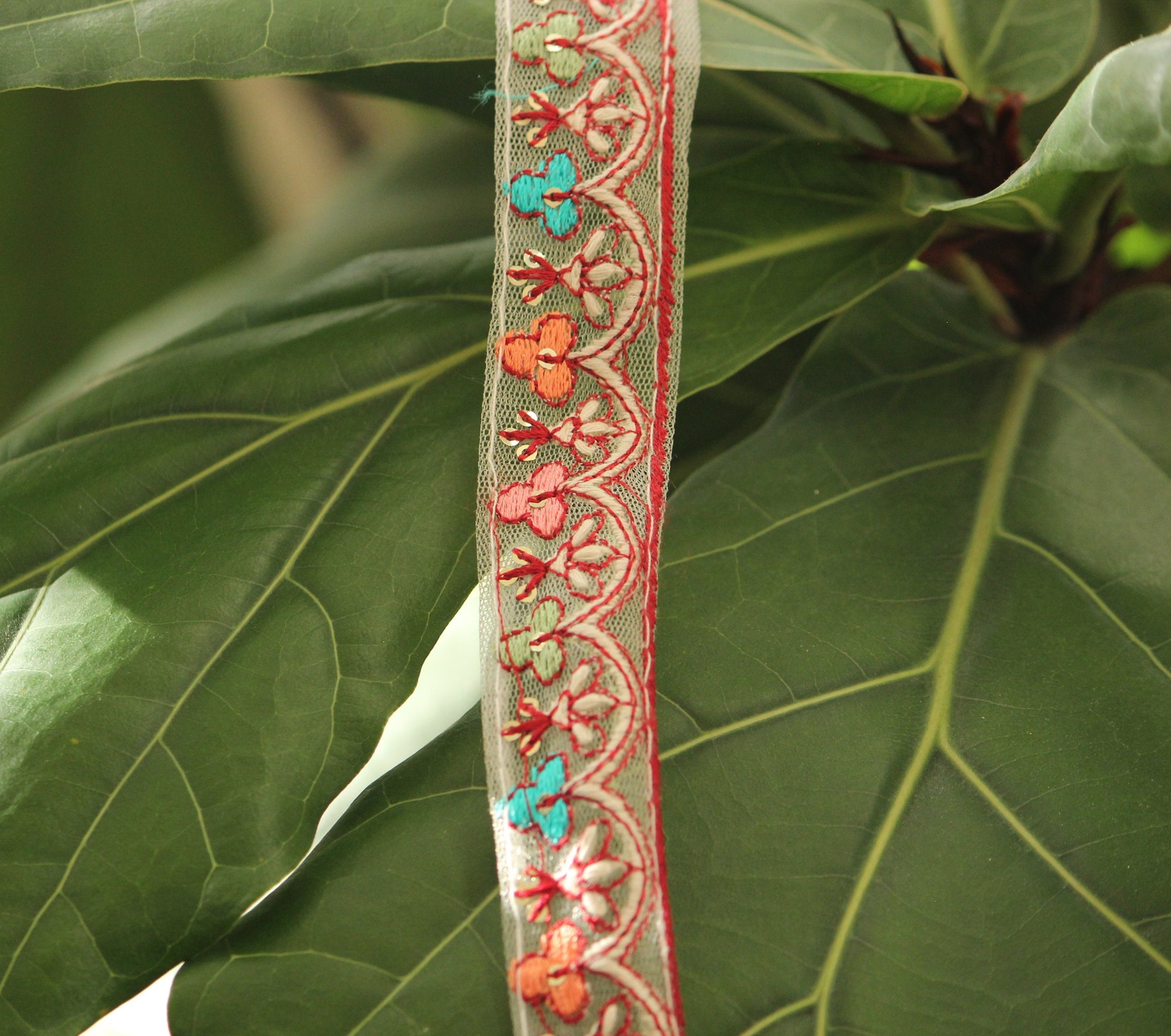 Ribbon by the yard-colorful floral ribbon with Indian embroidery-red pink orange aqua embroidery on mesh- gift wrap- wedding ribbon