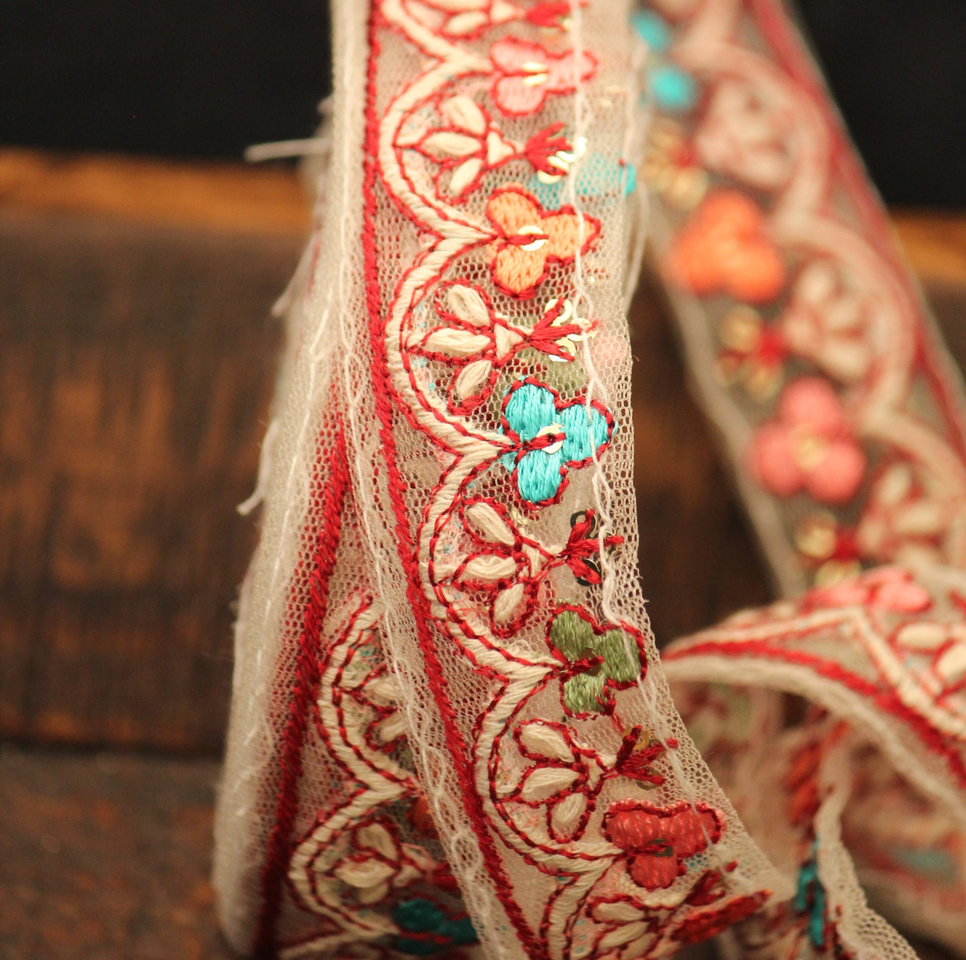 Ribbon by the yard-colorful floral ribbon with Indian embroidery-red pink orange aqua embroidery on mesh- gift wrap- wedding ribbon