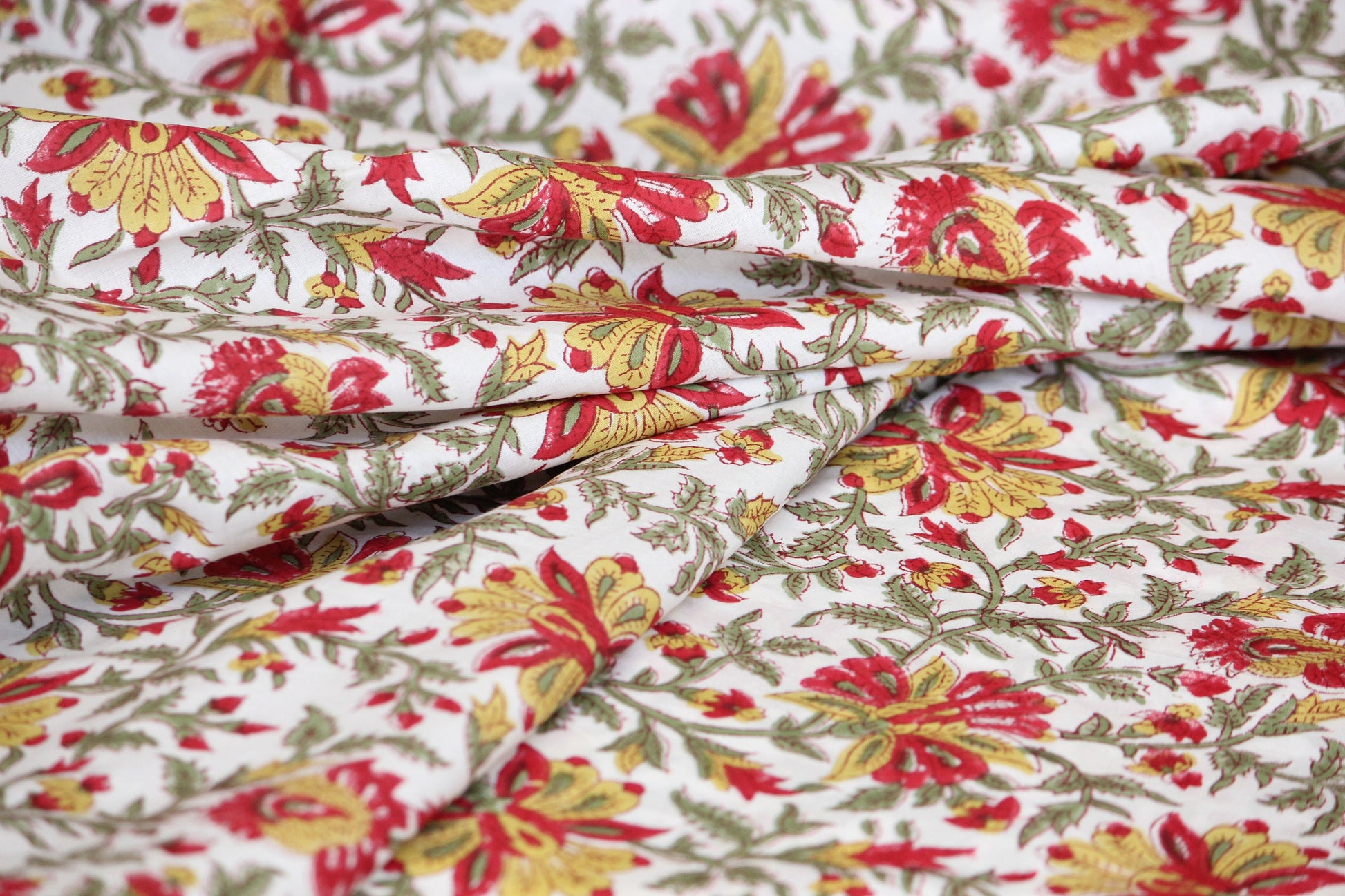 1 yard- red and yellow with green vines floral hand block printed cotton fabric by the yard-floral cotton fabric- red  hand printed cotton