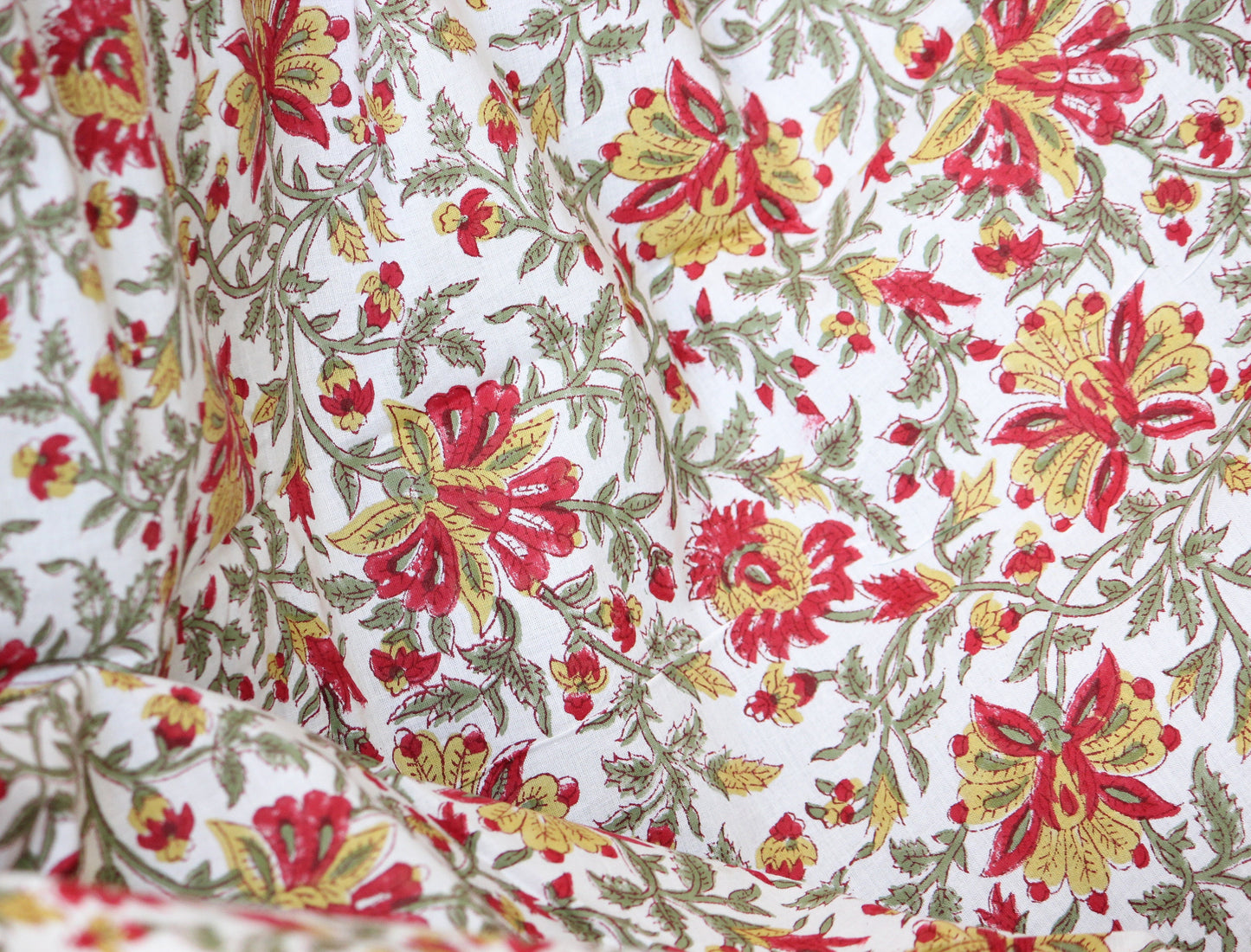 1 yard- red and yellow with green vines floral hand block printed cotton fabric by the yard-floral cotton fabric- red  hand printed cotton