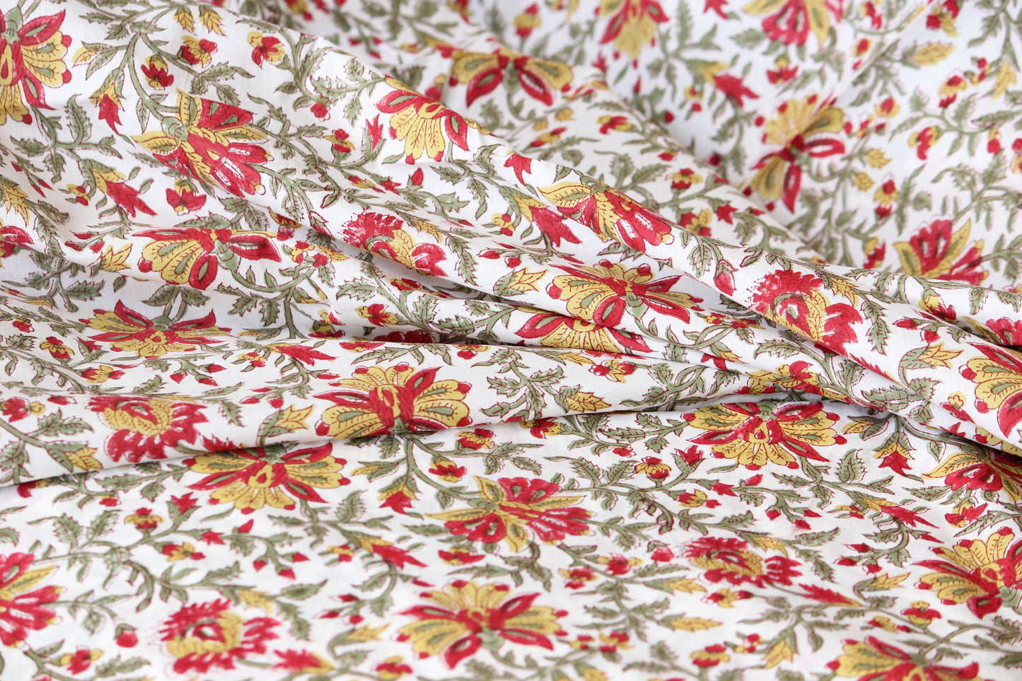 1 yard- red and yellow with green vines floral hand block printed cotton fabric by the yard-floral cotton fabric- red  hand printed cotton