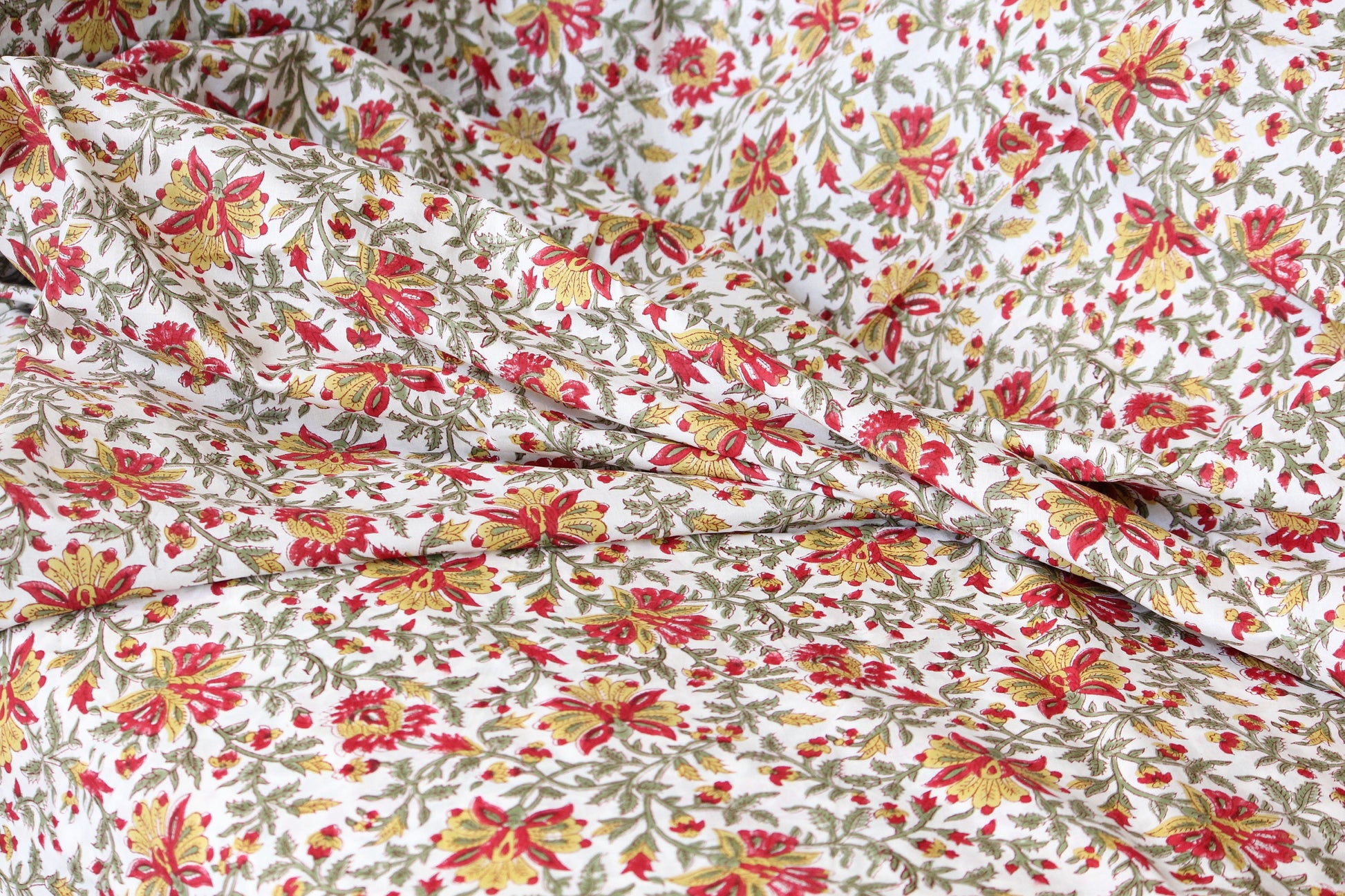 1 yard- red and yellow with green vines floral hand block printed cotton fabric by the yard-floral cotton fabric- red  hand printed cotton