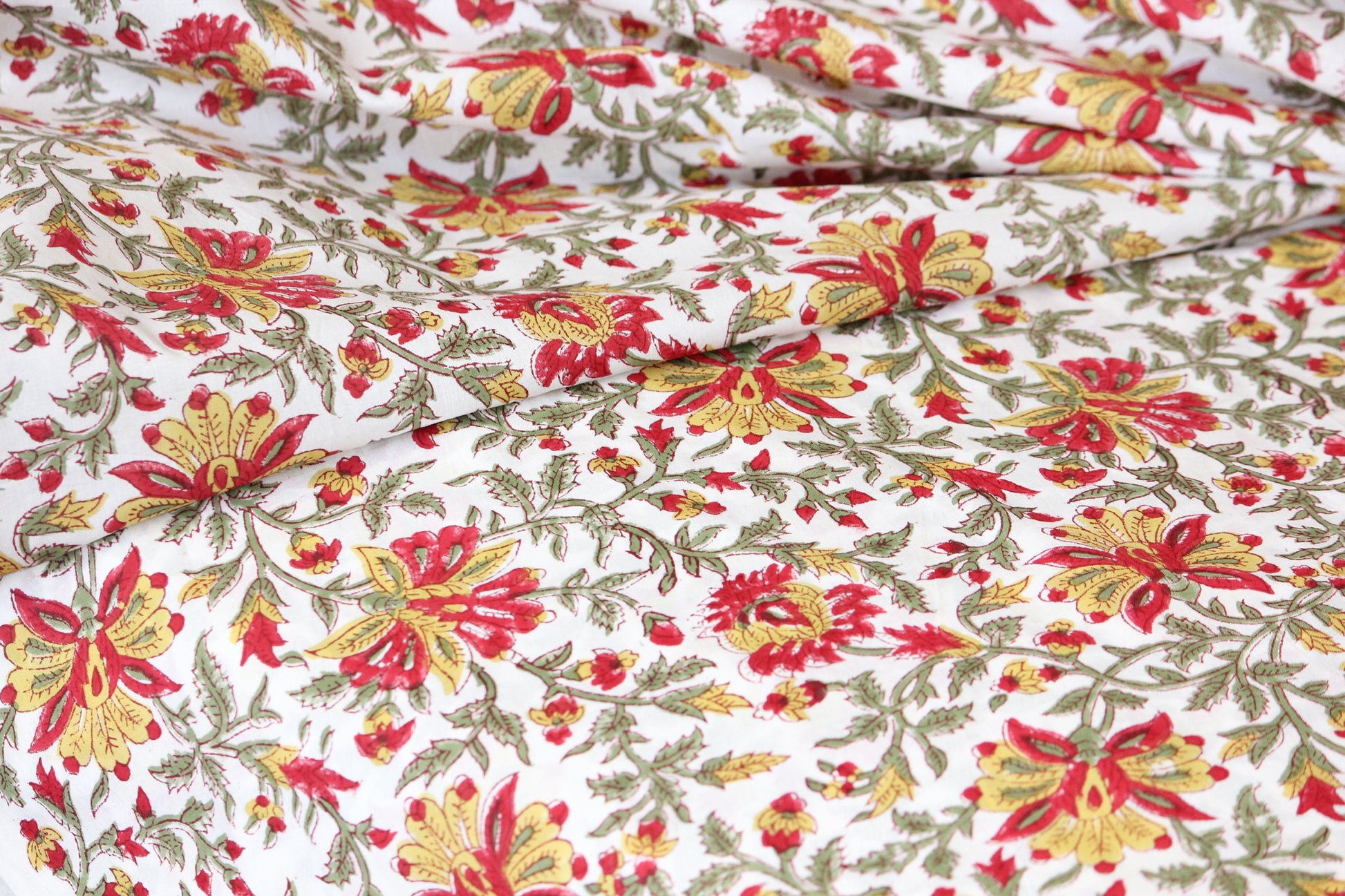 1 yard- red and yellow with green vines floral hand block printed cotton fabric by the yard-floral cotton fabric- red  hand printed cotton