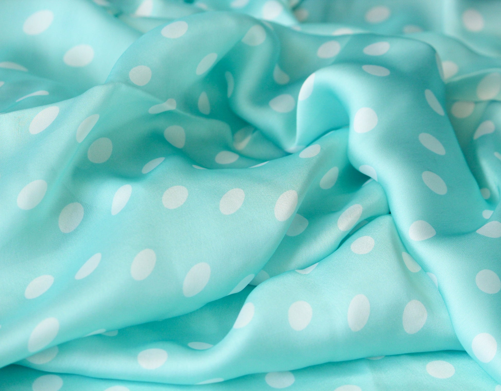 1 yard-soft satin charmeuse fabric by the yard-aqua blue green polka dot printed satin fabric-print blue aqua green dot fabric