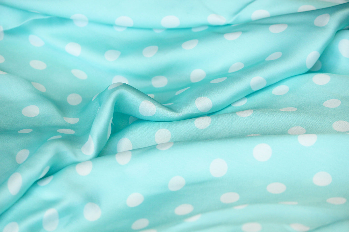 1 yard-soft satin charmeuse fabric by the yard-aqua blue green polka dot printed satin fabric-print blue aqua green dot fabric