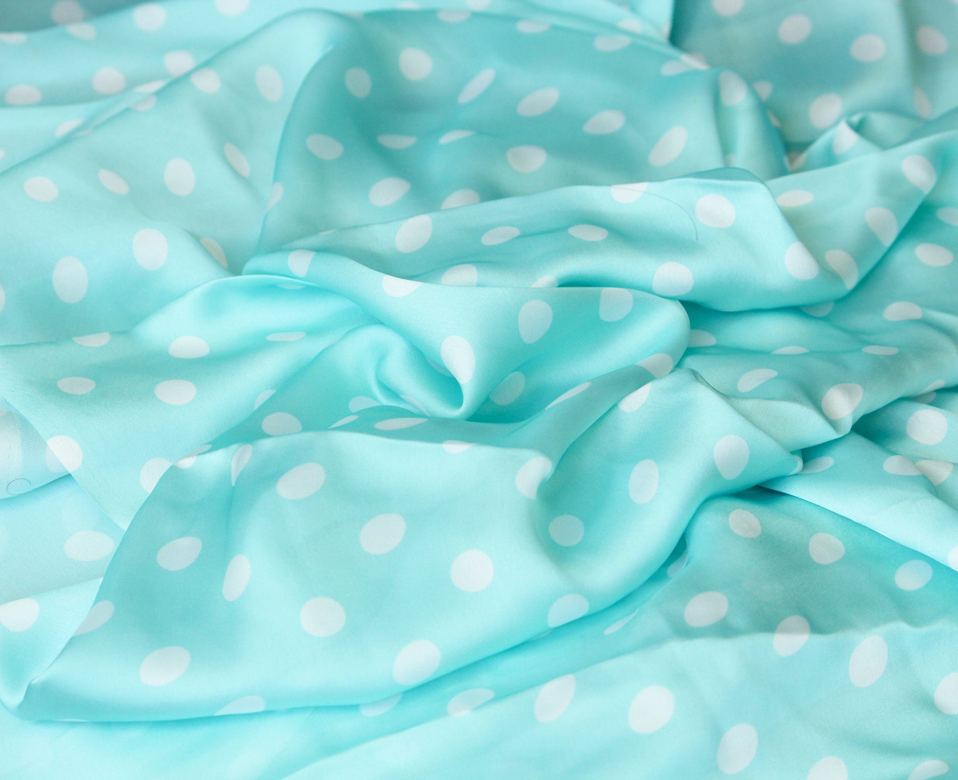 1 yard-soft satin charmeuse fabric by the yard-aqua blue green polka dot printed satin fabric-print blue aqua green dot fabric