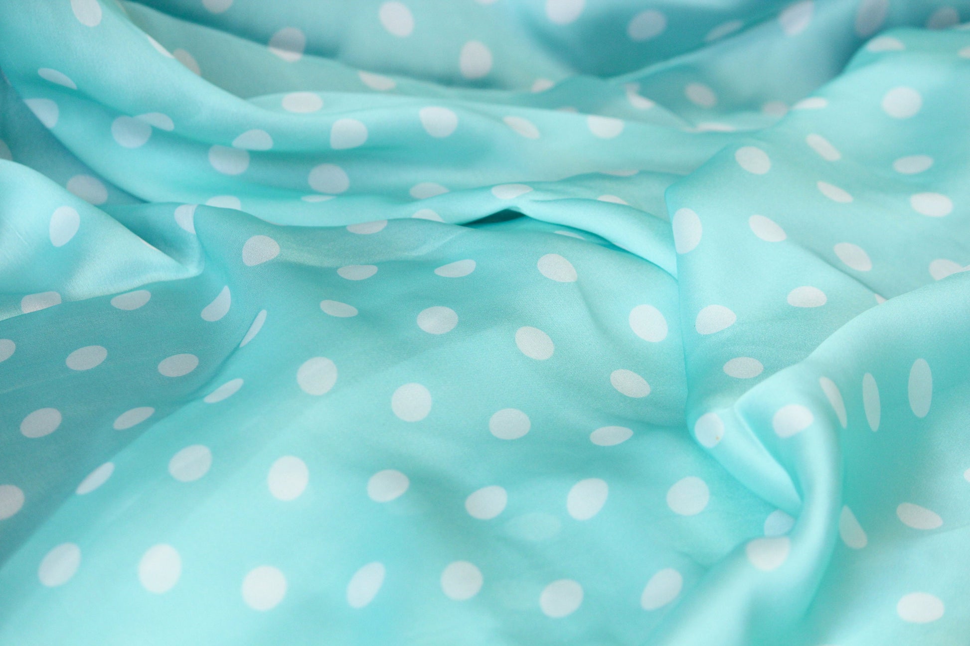 1 yard-soft satin charmeuse fabric by the yard-aqua blue green polka dot printed satin fabric-print blue aqua green dot fabric