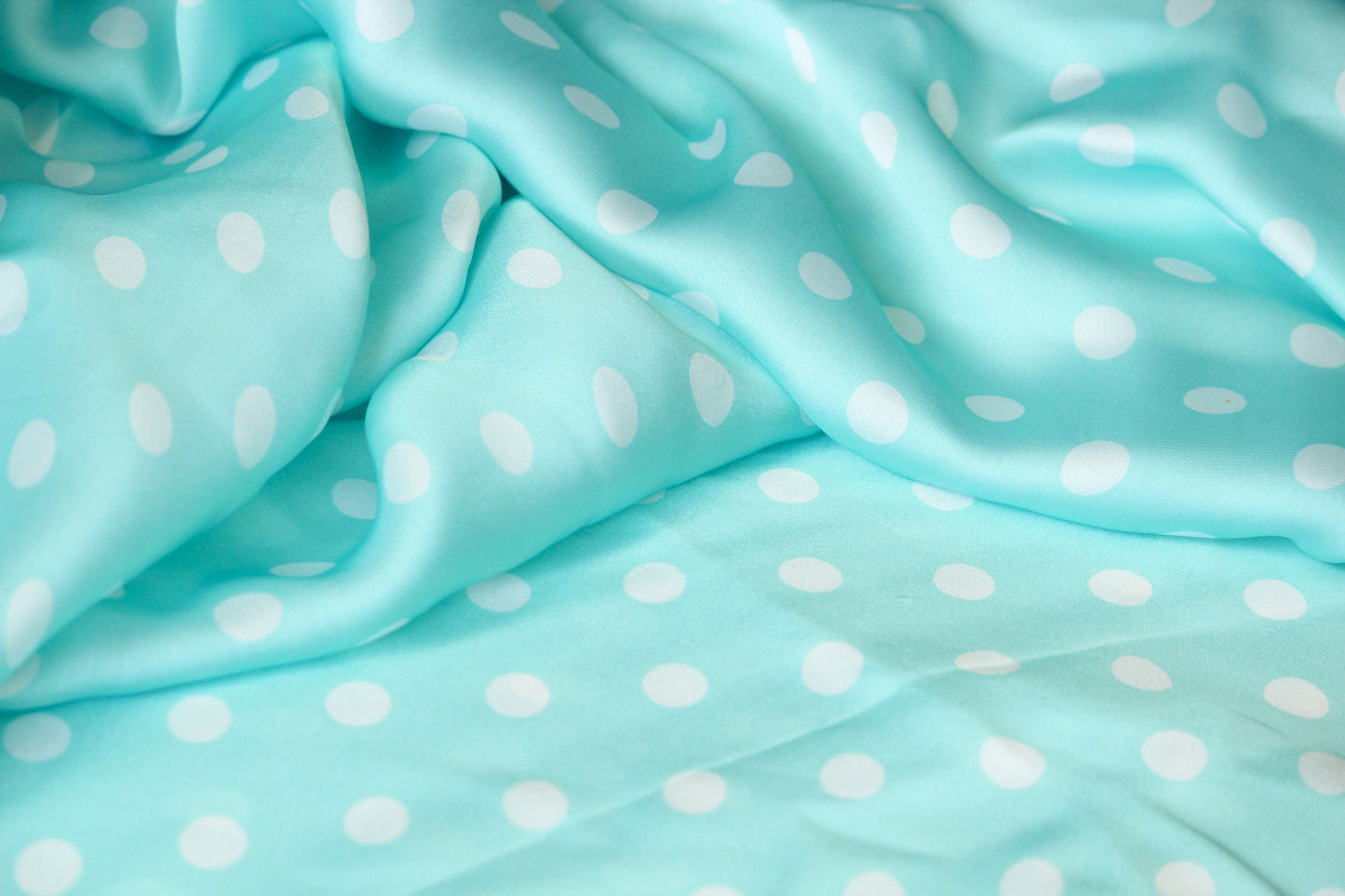 1 yard-soft satin charmeuse fabric by the yard-aqua blue green polka dot printed satin fabric-print blue aqua green dot fabric