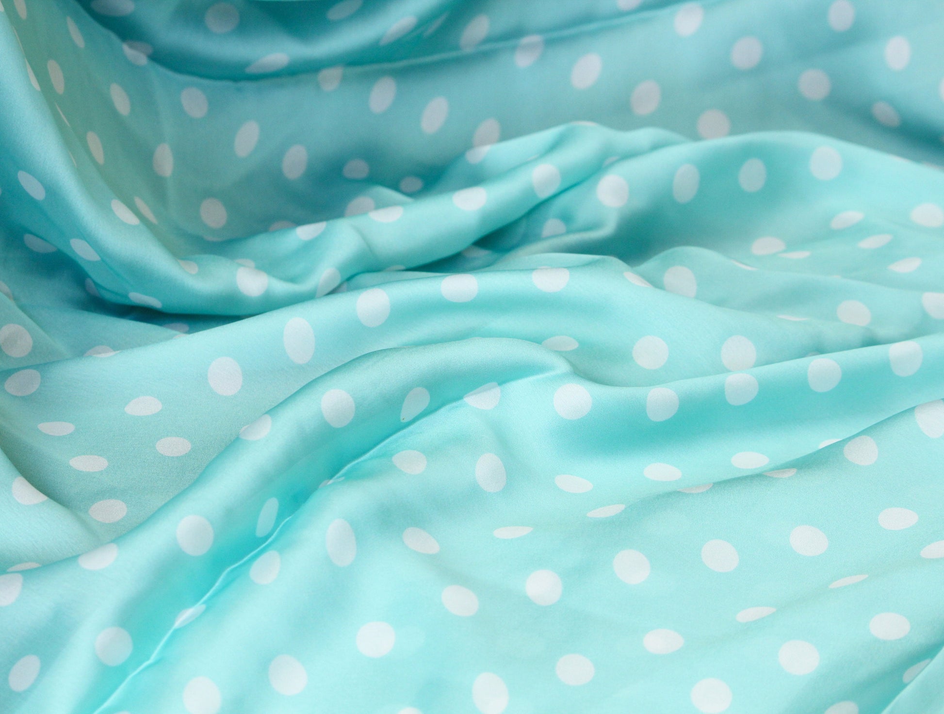 1 yard-soft satin charmeuse fabric by the yard-aqua blue green polka dot printed satin fabric-print blue aqua green dot fabric