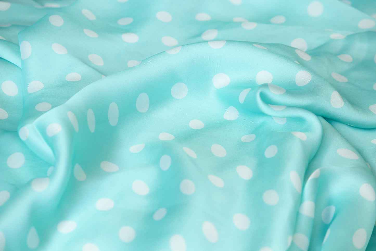 1 yard-soft satin charmeuse fabric by the yard-aqua blue green polka dot printed satin fabric-print blue aqua green dot fabric