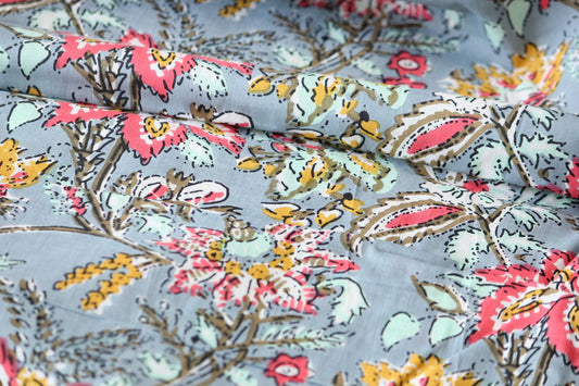 1 yard-Blue grey with salmon yellow pastel green flower motifs printed cotton fabric by the yard--grey base floral fabric-Blue floral print