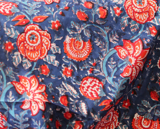 Ink Blue with orange red floral hand block printed cotton fabric by the yard