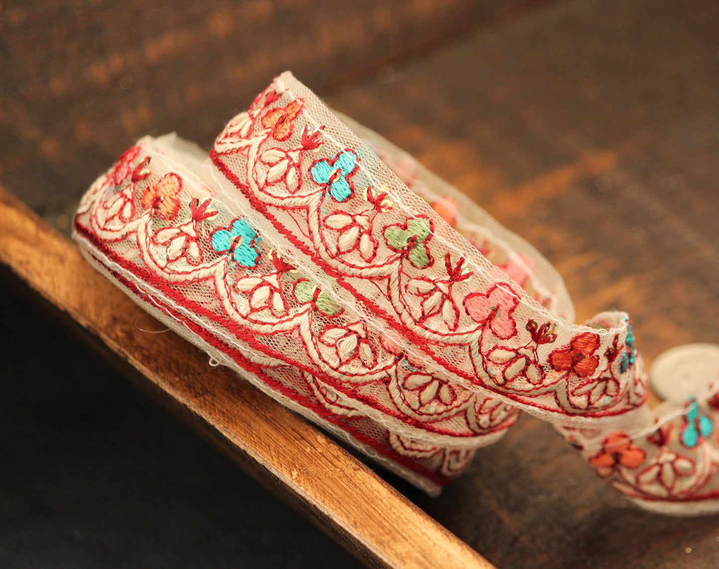 Ribbon by the yard-colorful floral ribbon with Indian embroidery-red pink orange aqua embroidery on mesh- gift wrap- wedding ribbon