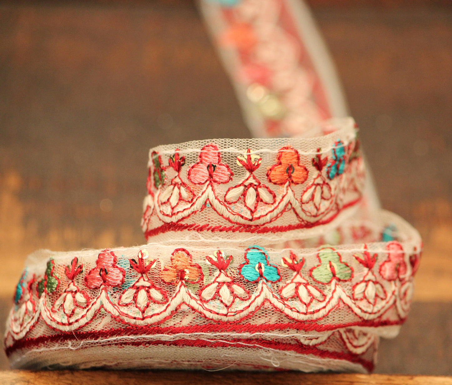 Ribbon by the yard-colorful floral ribbon with Indian embroidery-red pink orange aqua embroidery on mesh- gift wrap- wedding ribbon