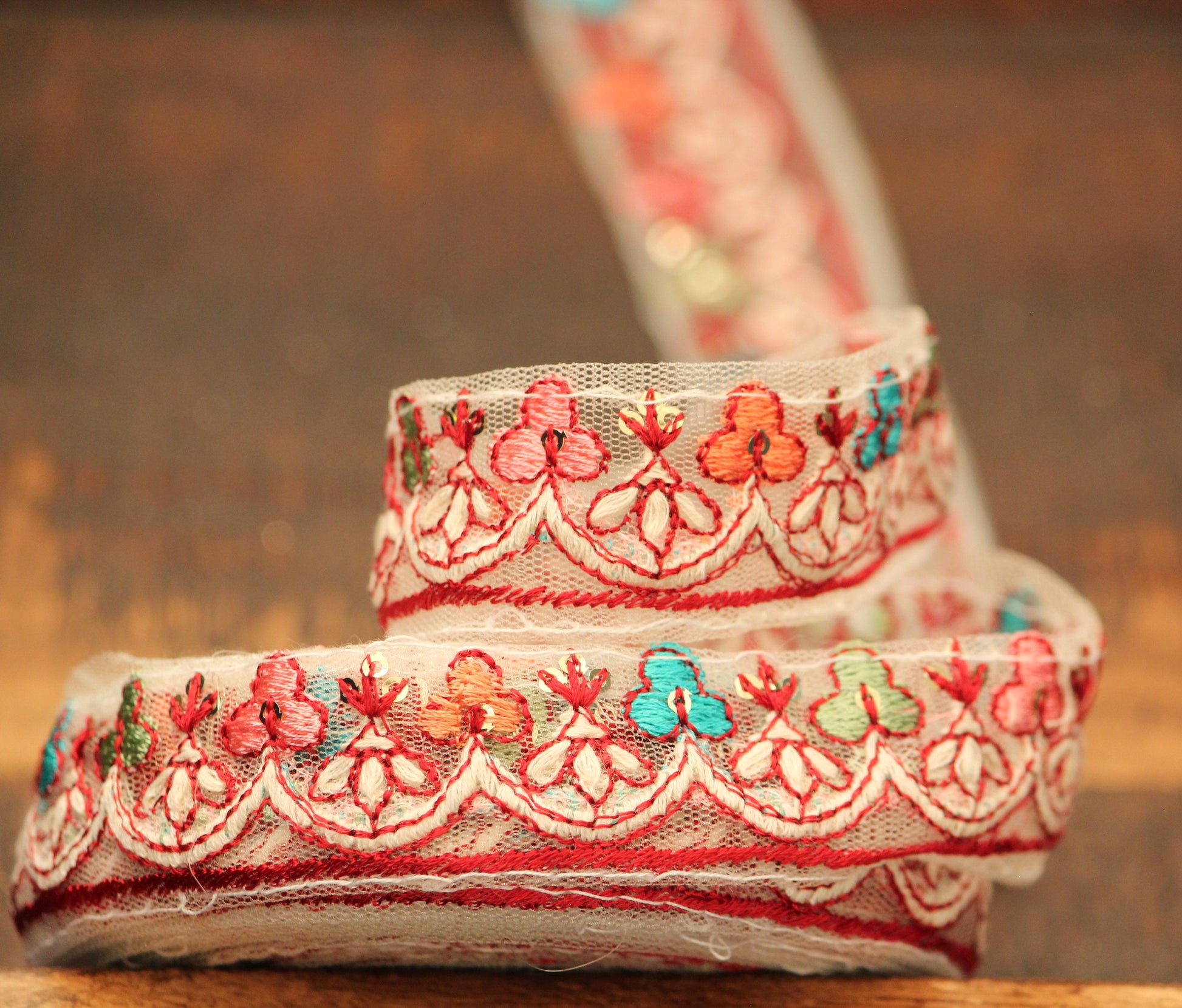 Ribbon by the yard-colorful floral ribbon with Indian embroidery-red pink orange aqua embroidery on mesh- gift wrap- wedding ribbon