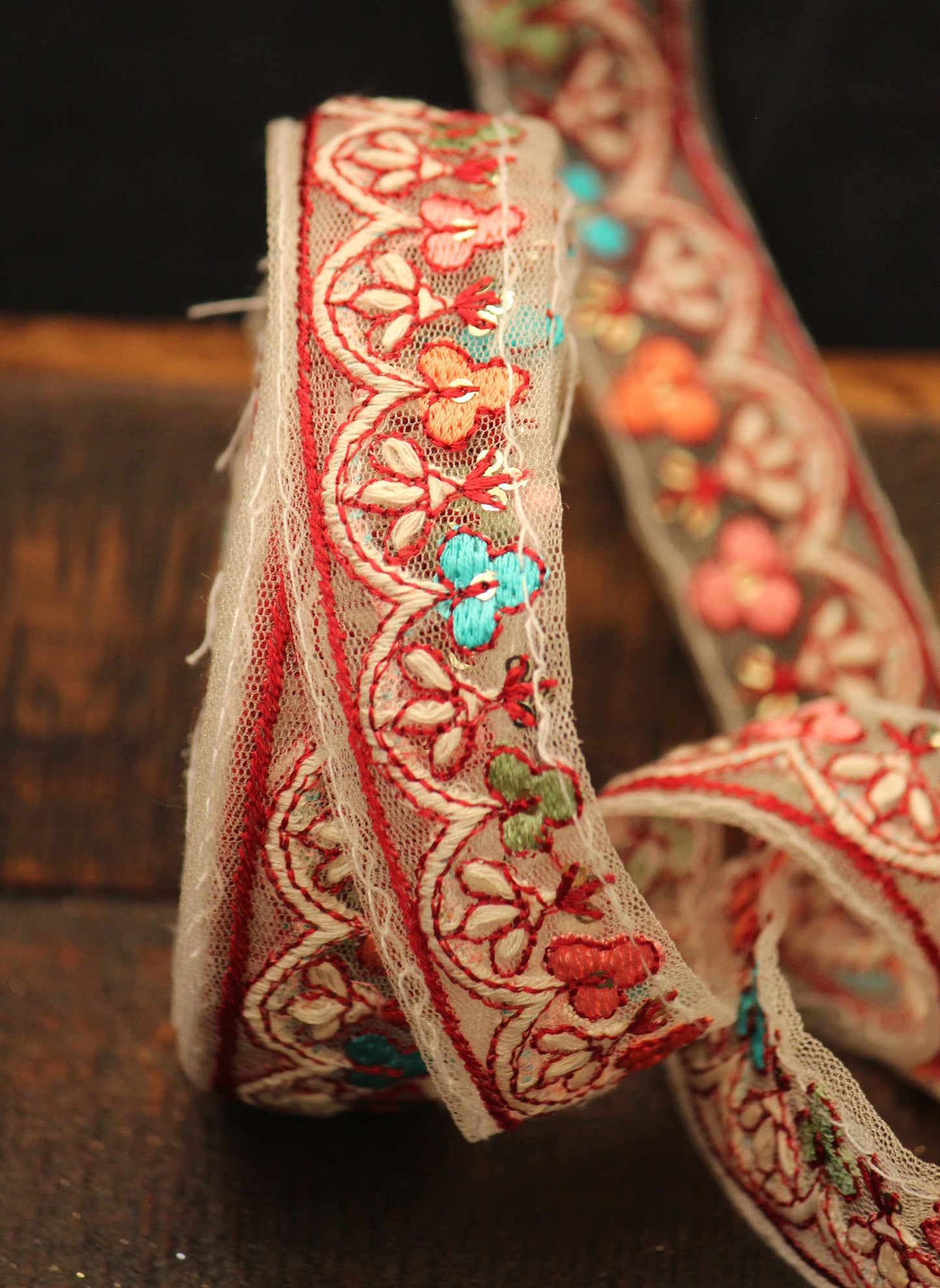 Ribbon by the yard-colorful floral ribbon with Indian embroidery-red pink orange aqua embroidery on mesh- gift wrap- wedding ribbon