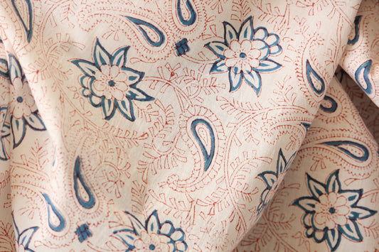 1 yard-Off-white and delicate red paisley hand block printed cotton fabric - blue floral cotton fabric by the yard