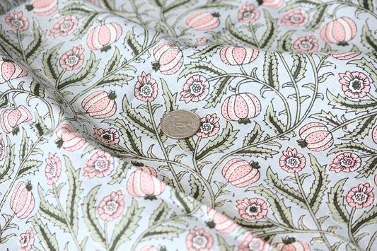 1 yard- Duck egg blue with pink flower and foliage vines printed cotton fabric by the yard-light blue pastel floral fabric-Blue floral print