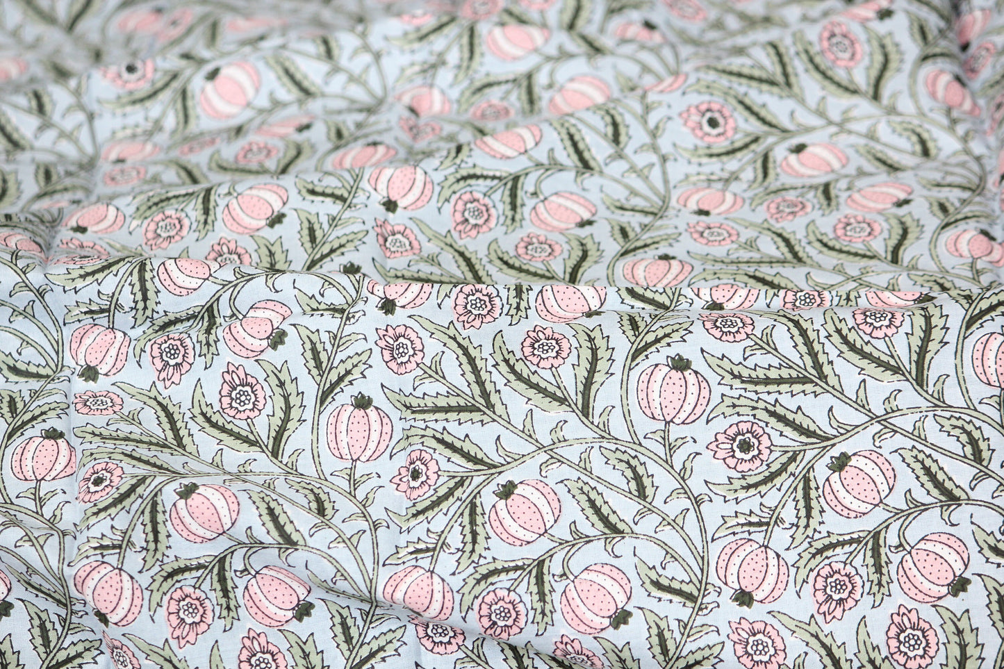 1 yard- Duck egg blue with pink flower and foliage vines printed cotton fabric by the yard-light blue pastel floral fabric-Blue floral print