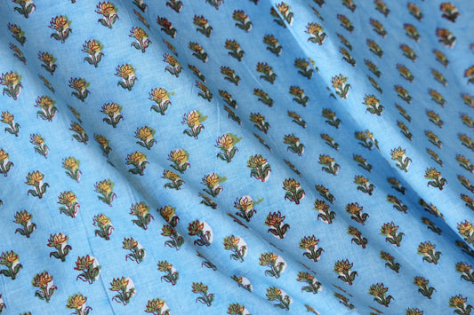 1 yard-Sky Blue and yellow ditsy floral hand block printed cotton fabric by the yard-floral cotton fabric-Light blue with tiny  flowers