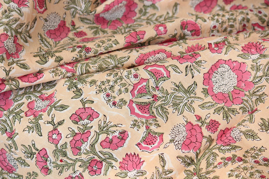 1 yard-Tropical peach with pink rose flowers and green foliage hand printed cotton-hand block print cotton fabric-red pink floral print