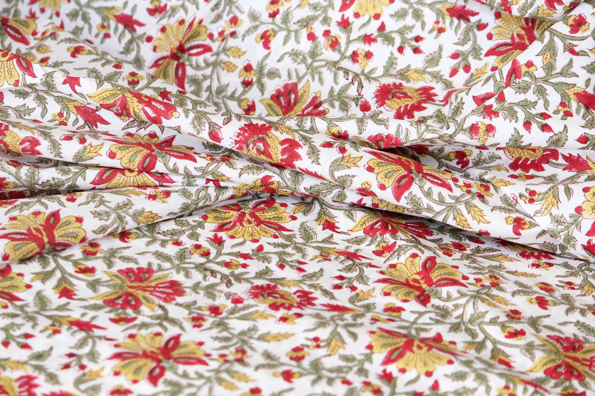 1 yard- red and yellow with green vines floral hand block printed cotton fabric by the yard-floral cotton fabric- red  hand printed cotton