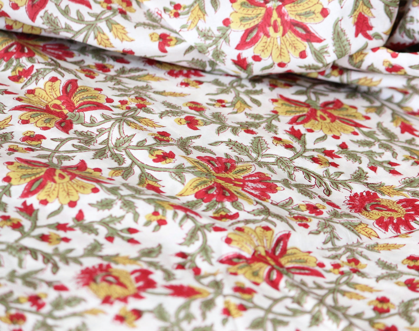 1 yard- red and yellow with green vines floral hand block printed cotton fabric by the yard-floral cotton fabric- red  hand printed cotton