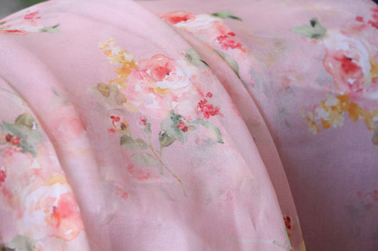 1 yard-Peach pink organza fabric by the yard-Bright watercolor look floral printed organza fabric-floral fabric-print Red roses-sheer fabric