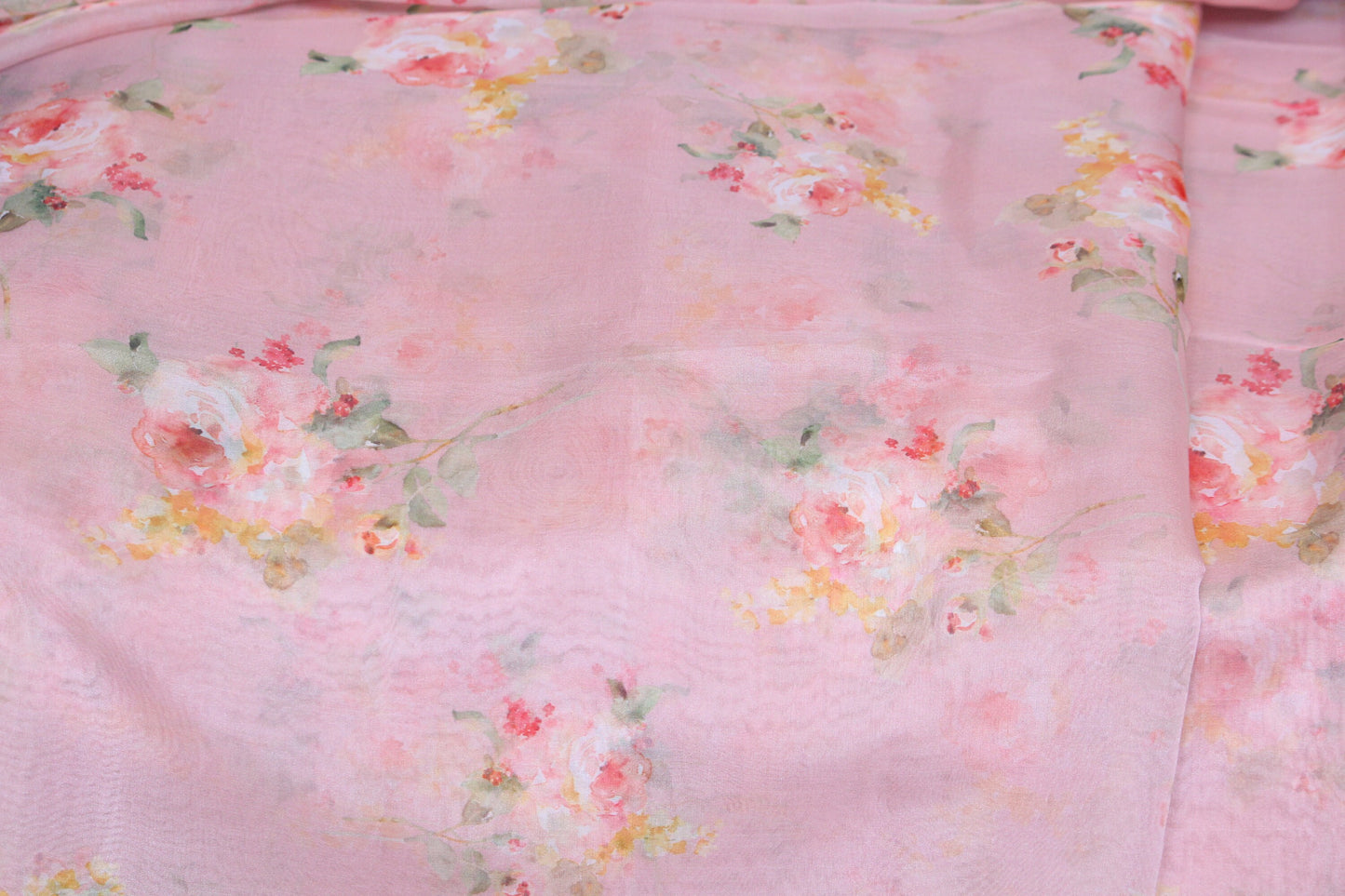 1 yard-Peach pink organza fabric by the yard-Bright watercolor look floral printed organza fabric-floral fabric-print Red roses-sheer fabric