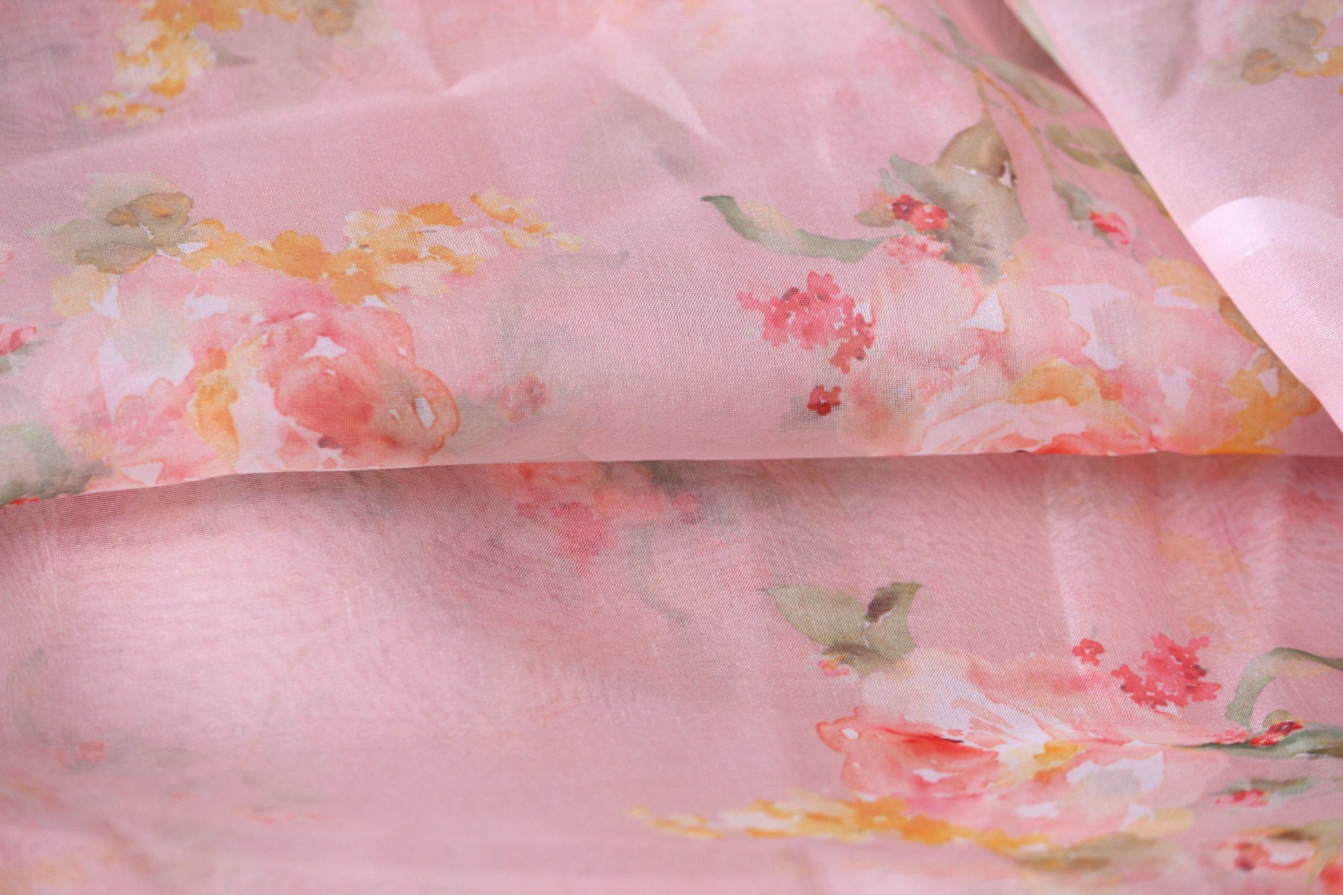 1 yard-Peach pink organza fabric by the yard-Bright watercolor look floral printed organza fabric-floral fabric-print Red roses-sheer fabric