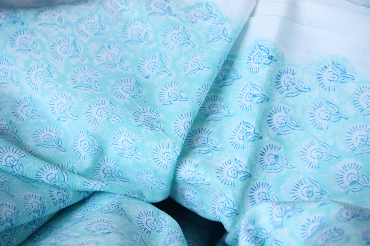 1 yard- Aqua blue ditsy print hand block printed cotton fabric by the yard-Sea blue cotton fabric- turquoise blue hand printed cotton