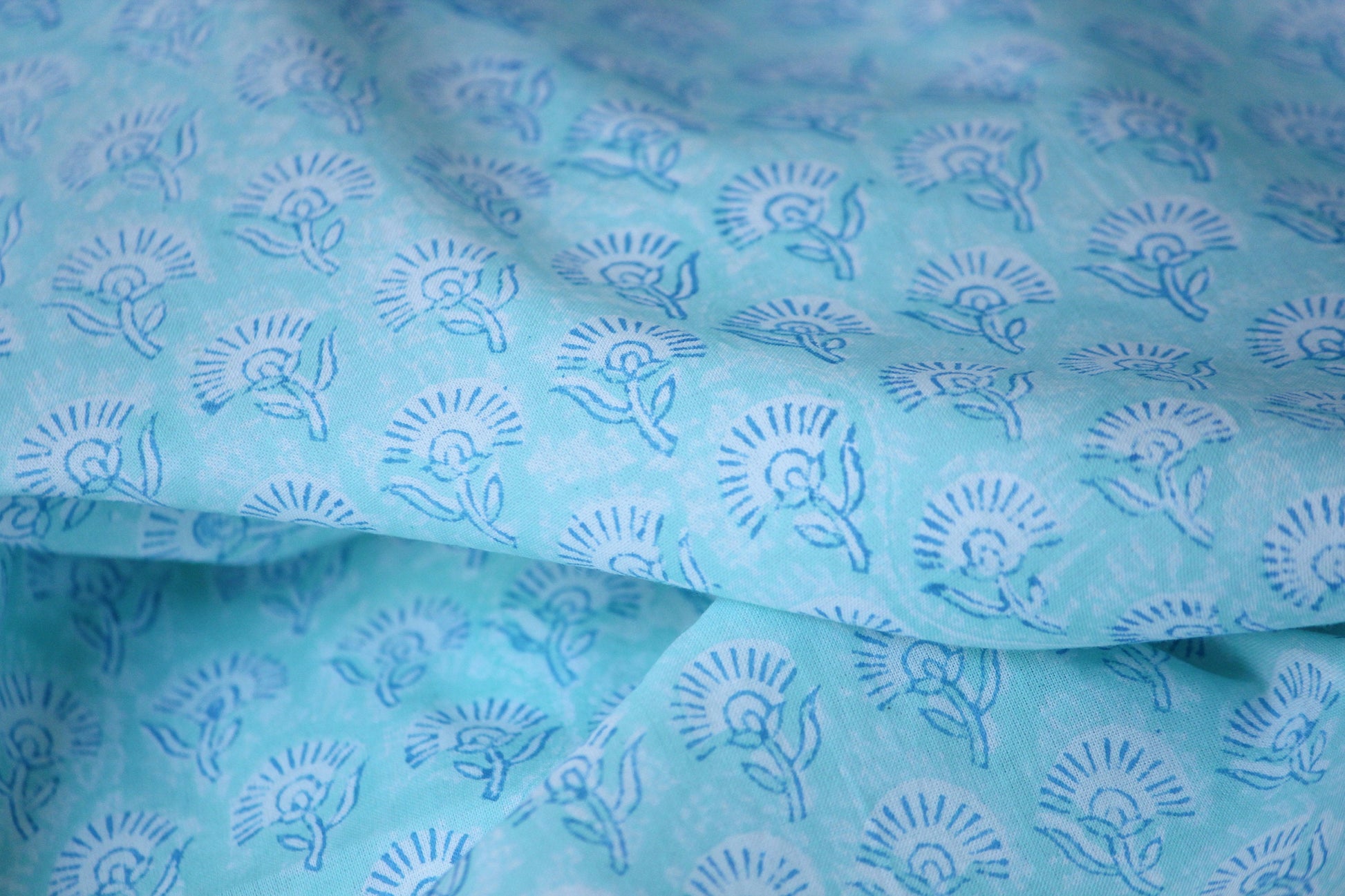 1 yard- Aqua blue ditsy print hand block printed cotton fabric by the yard-Sea blue cotton fabric- turquoise blue hand printed cotton