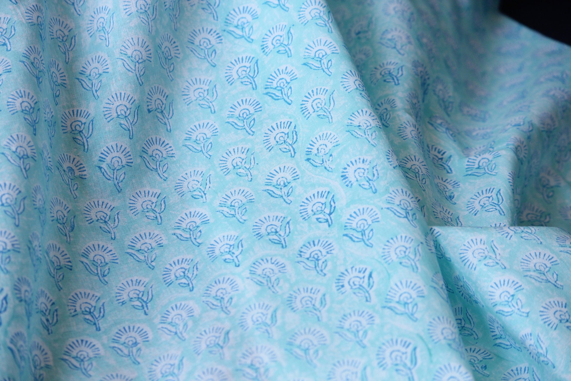 1 yard- Aqua blue ditsy print hand block printed cotton fabric by the yard-Sea blue cotton fabric- turquoise blue hand printed cotton