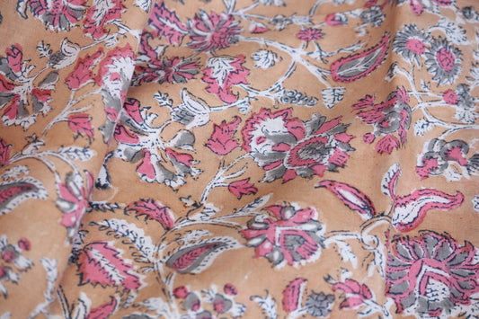 1 yard-Ochre orange with rose pink floral hand block printed cotton fabric by the yard-brown orange natural flower printed fabric