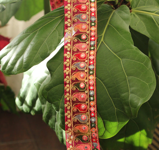 1 yard-  Bright Red Pink multicolored embroidery ribbon-woven Indian ribbon-bouquet ribbon-bridal ribbon- gift wrap- wedding ribbon