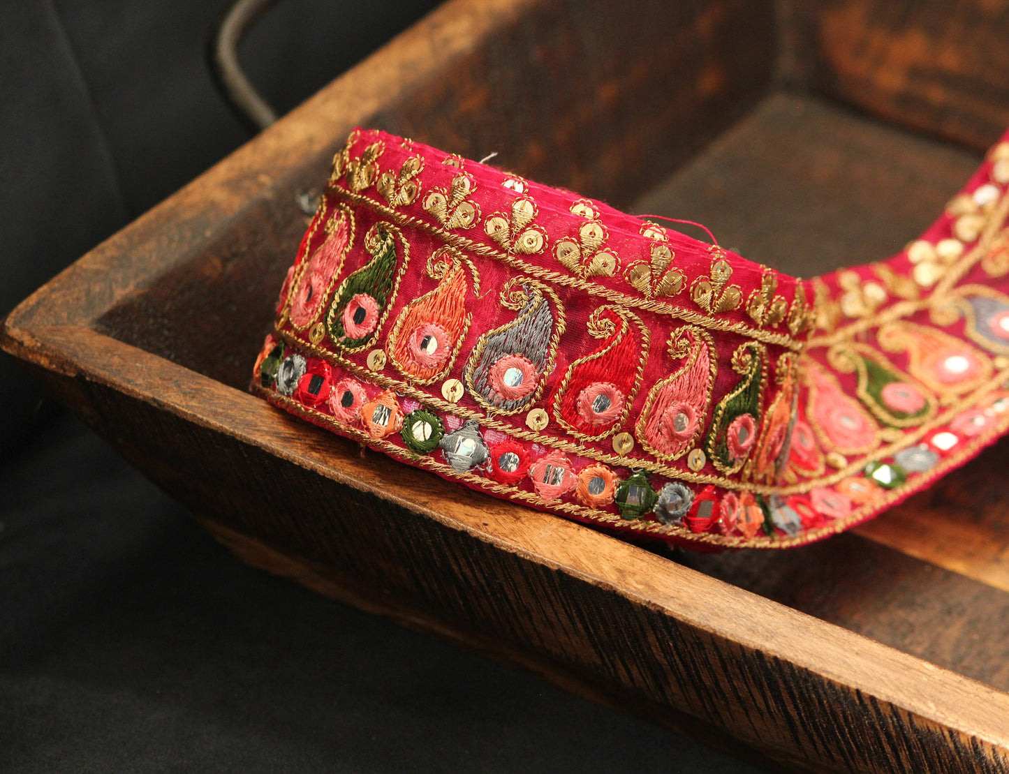 1 yard-  Bright Red Pink multicolored embroidery ribbon-woven Indian ribbon-bouquet ribbon-bridal ribbon- gift wrap- wedding ribbon