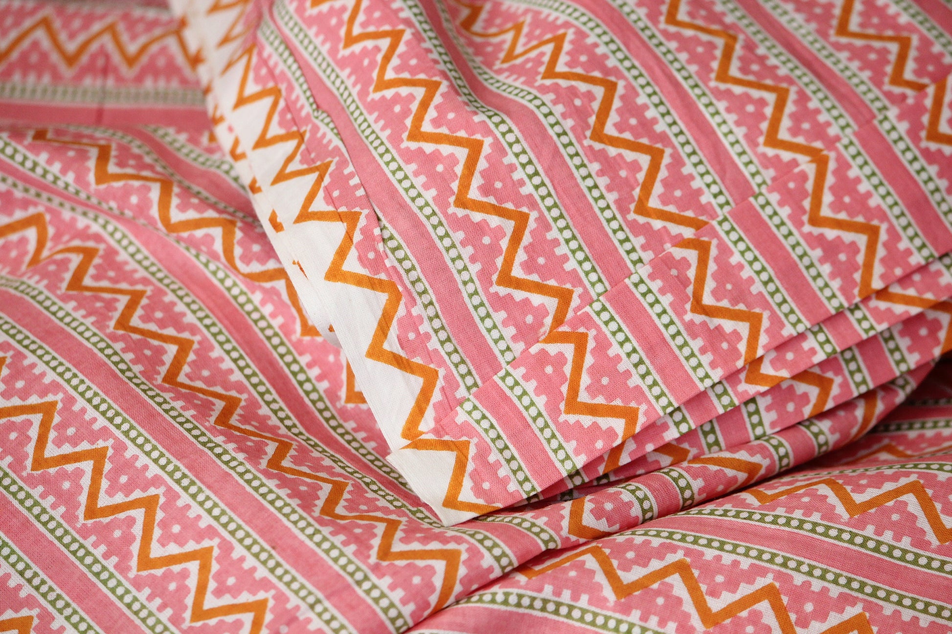 1 yard-Peach pink chevron print striped fabric- printed cotton fabric geometric- candy pink yellow and off white zigzag print