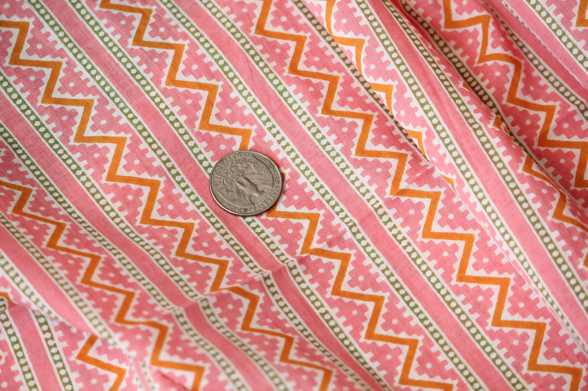 1 yard-Peach pink chevron print striped fabric- printed cotton fabric geometric- candy pink yellow and off white zigzag print