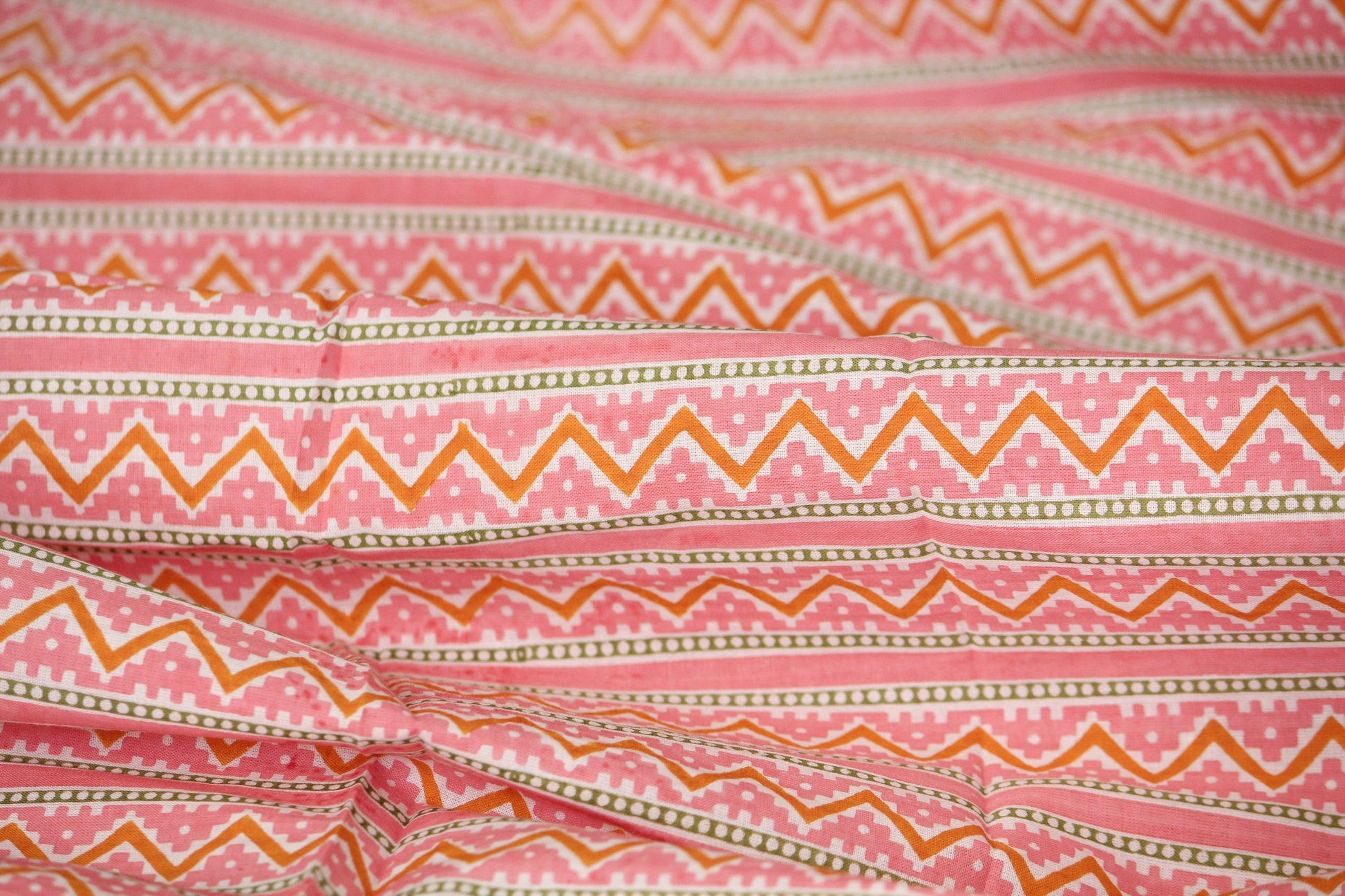 1 yard-Peach pink chevron print striped fabric- printed cotton fabric geometric- candy pink yellow and off white zigzag print