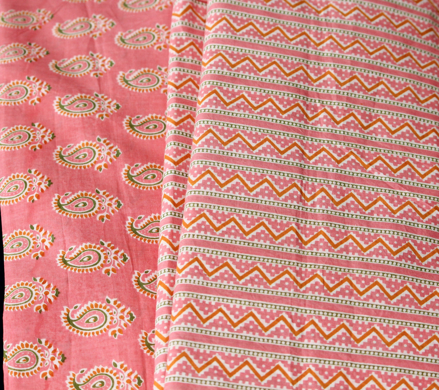 1 yard-Peach pink chevron print striped fabric- printed cotton fabric geometric- candy pink yellow and off white zigzag print