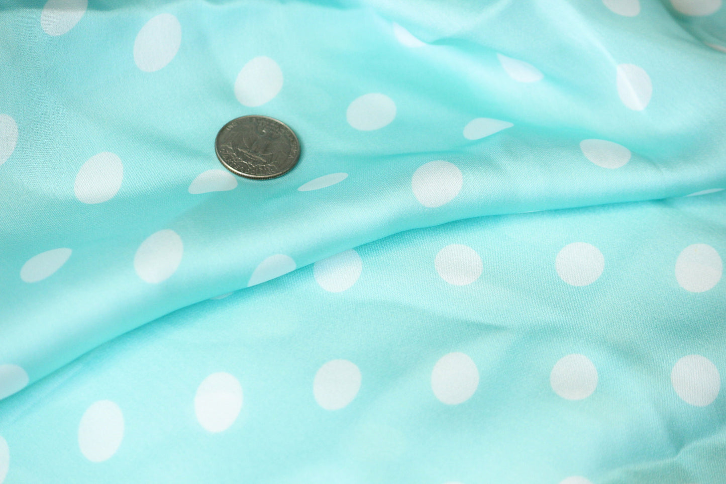 1 yard-soft satin charmeuse fabric by the yard-aqua blue green polka dot printed satin fabric-print blue aqua green dot fabric