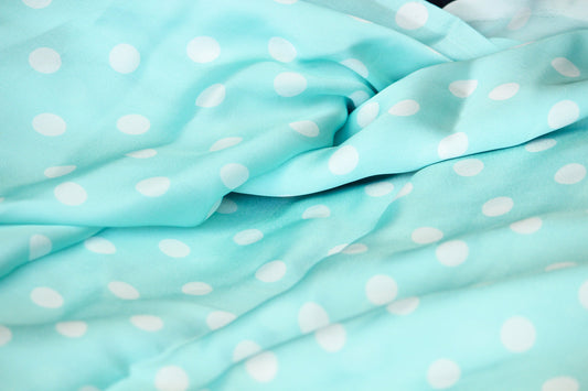 1 yard-soft satin charmeuse fabric by the yard-aqua blue green polka dot printed satin fabric-print blue aqua green dot fabric