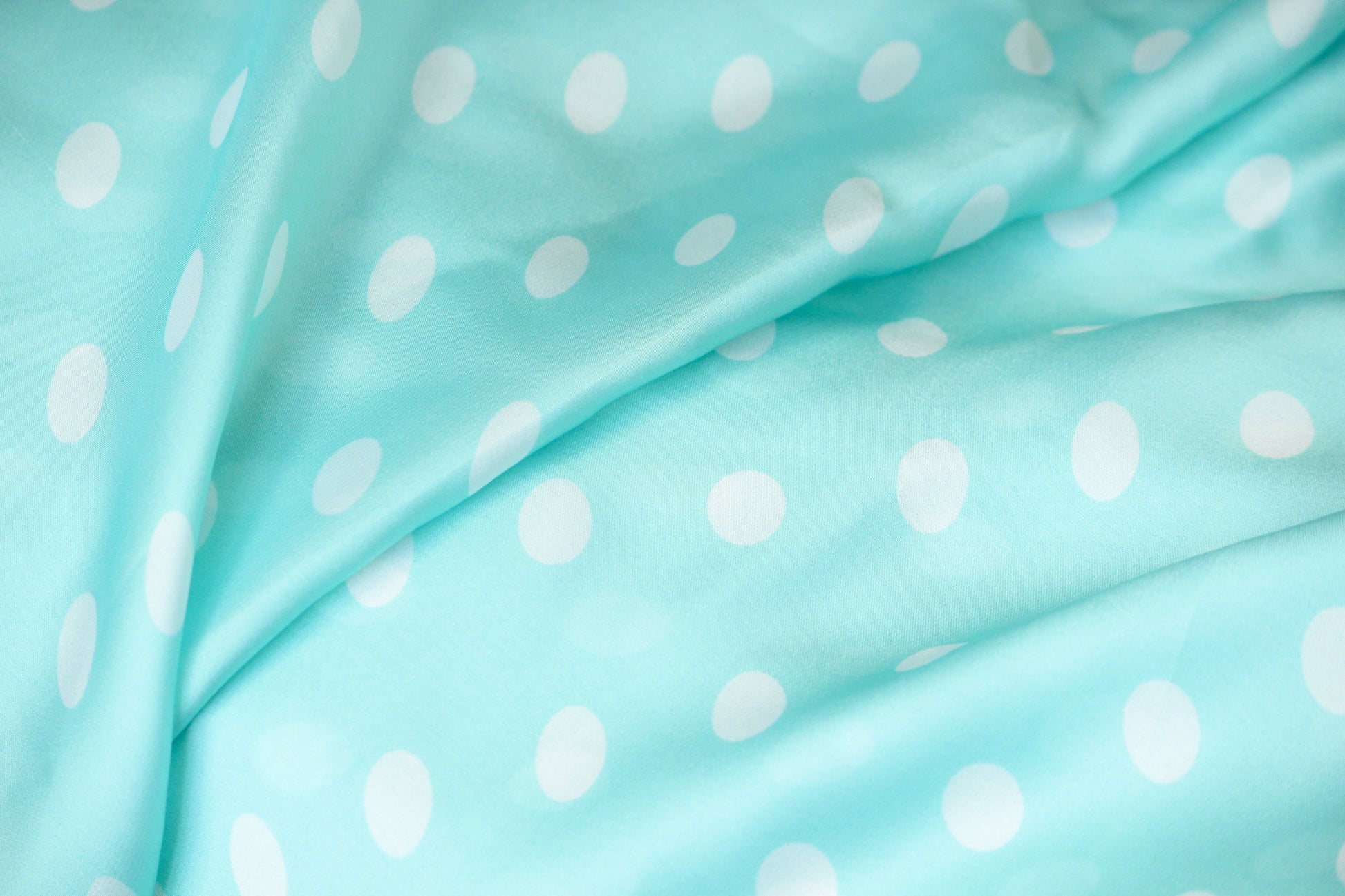 1 yard-soft satin charmeuse fabric by the yard-aqua blue green polka dot printed satin fabric-print blue aqua green dot fabric