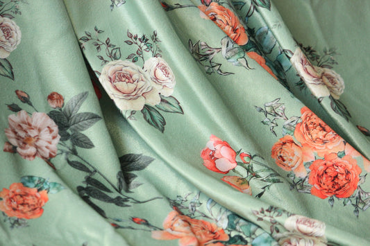 1 yard-Mint green velvet with light orange yellow and cream roses printed velvet fabric-floral print red roses fresh mint fabric