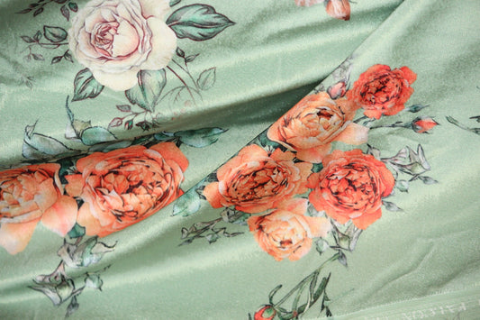 1 yard-Mint green velvet with light orange yellow and cream roses printed velvet fabric-floral print red roses fresh mint fabric
