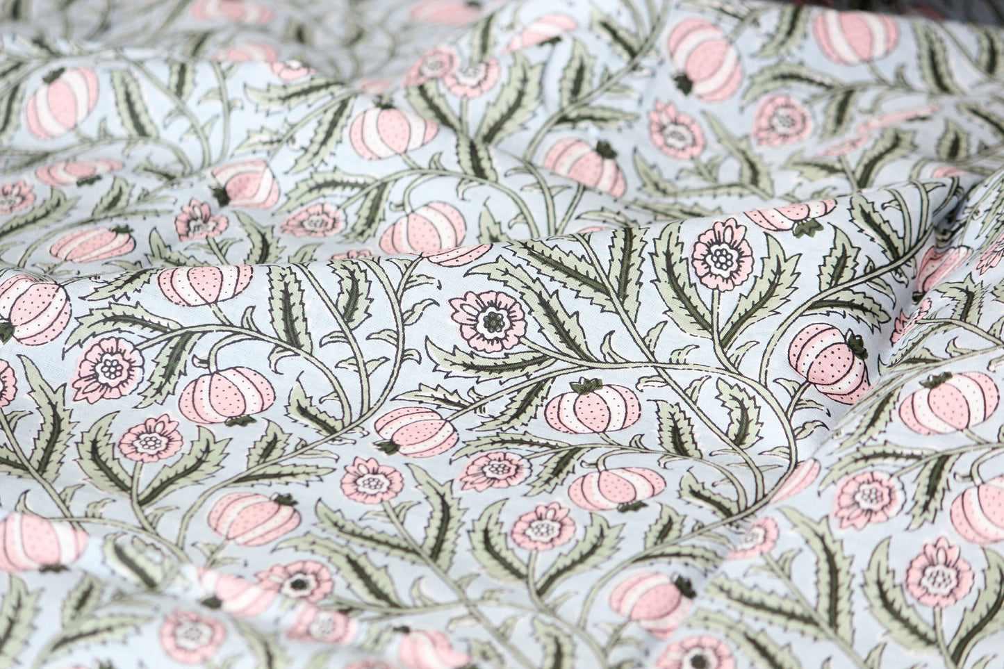 1 yard- Duck egg blue with pink flower and foliage vines printed cotton fabric by the yard-light blue pastel floral fabric-Blue floral print