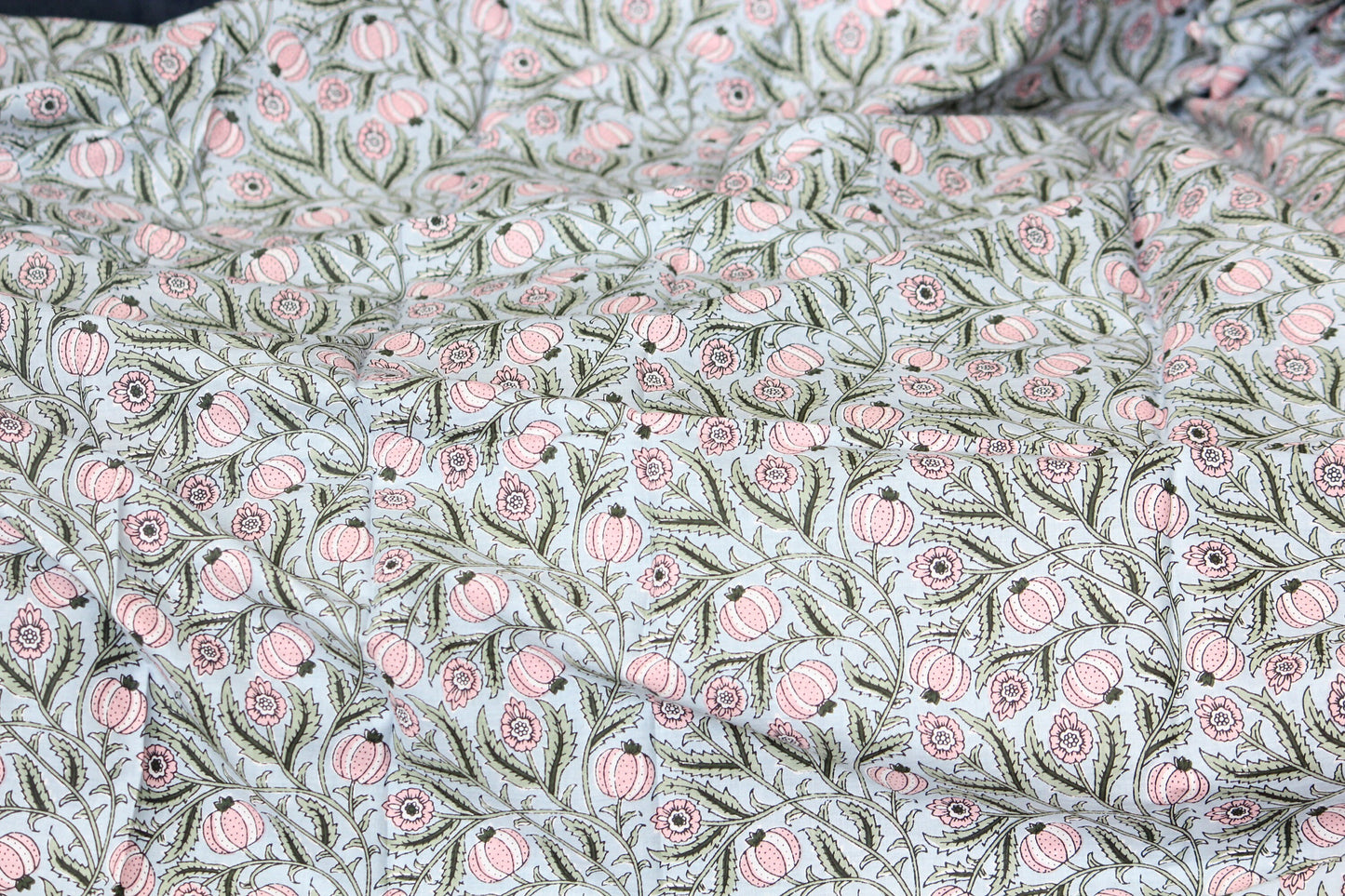 1 yard- Duck egg blue with pink flower and foliage vines printed cotton fabric by the yard-light blue pastel floral fabric-Blue floral print