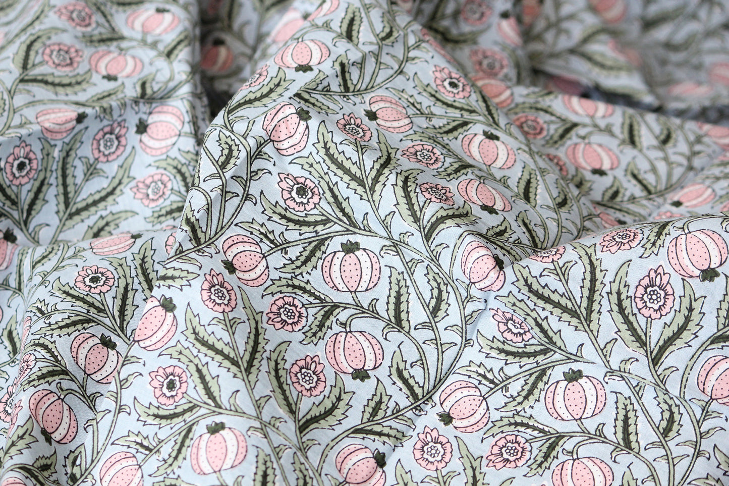 1 yard- Duck egg blue with pink flower and foliage vines printed cotton fabric by the yard-light blue pastel floral fabric-Blue floral print